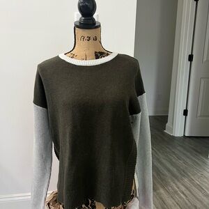 Tahari Olive and Gray Crew Neck Sweater